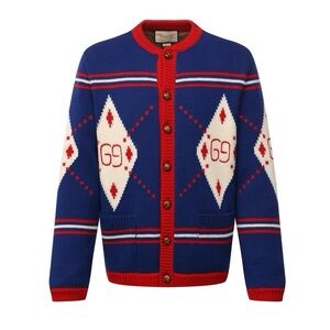 Gucci Blue Argyle Intarsia GG Heavy Wool Cardigan Sweater Size L